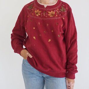 C&K Designs Red Fall Leaf Embroidered Sweatshirt Acorn Leaves Autumn Floral L